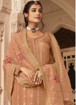 Long Length Salwar Kameez Embroidered Jacquard in Brown