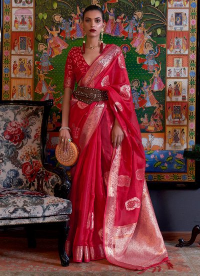 Lovely Red Weaving Trendy Saree