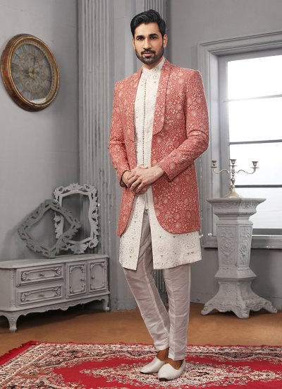 Lucknowi Embroidered Jacket Style in Off White and Red