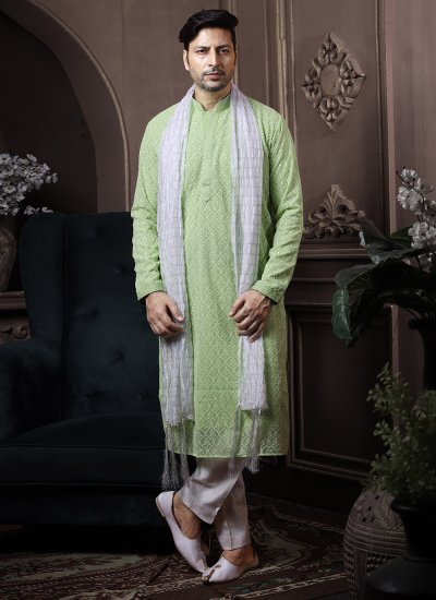 Lucknowi Embroidered Kurta Pyjama in Green