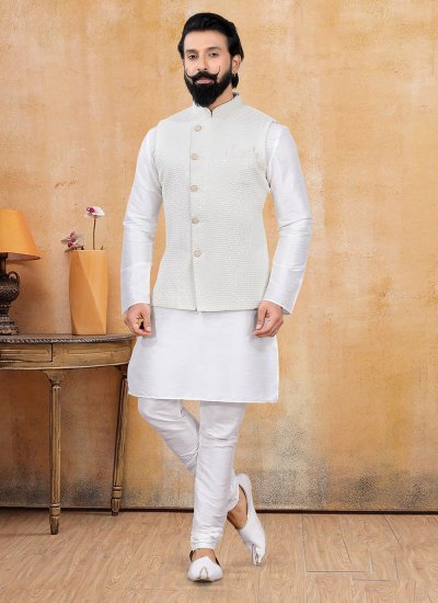 Lucknowi Fancy Off White Kurta Payjama With Jacket