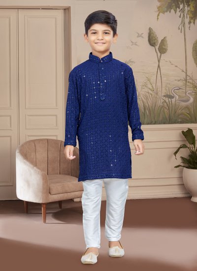 Lucknowi Kurta Pyjama in Navy Blue