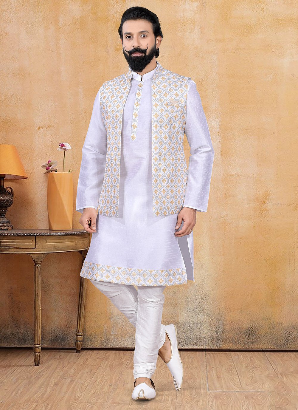 White kurta pajama hot sale with printed jacket