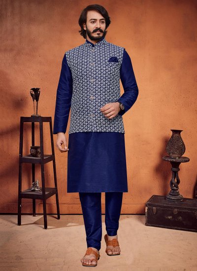 Lucknowi work Art Silk Kurta Payjama With Jacket in Blue