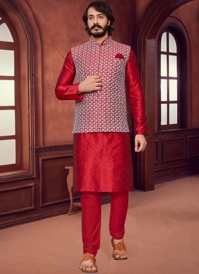 Lucknowi work Art Silk Kurta Payjama With Jacket in Red