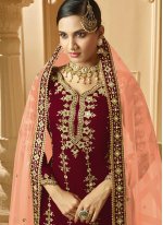 Magenta and Peach Party Faux Georgette Designer Palazzo Salwar Kameez