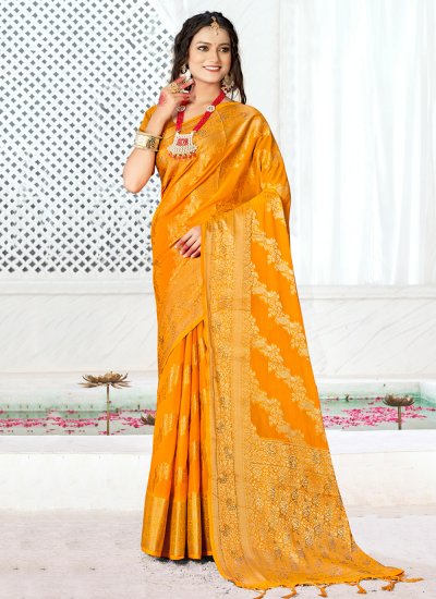 Magnetic Banarasi Silk Yellow Weaving Traditional Saree
