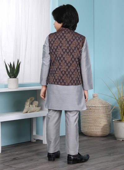 Magnetic Cotton Silk Brown and Grey Jacquard Work Work Kurta Payjama With Jacket