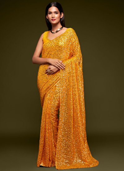 Magnetic Yellow Sequins Faux Georgette Trendy Saree