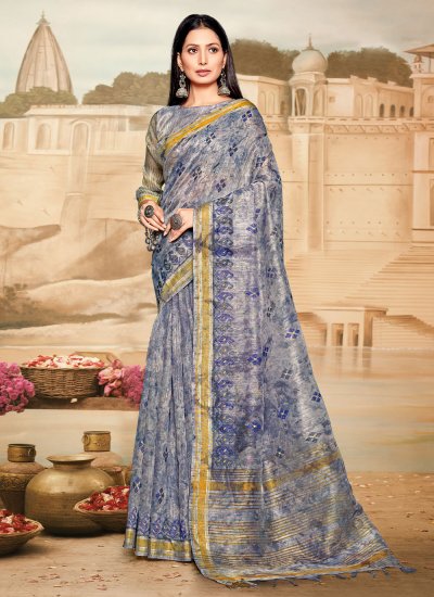 Magnificent Embroidered Cotton Blue Saree
