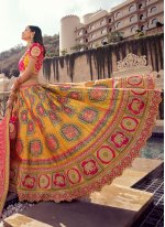 Magnificent Embroidered Pink and Yellow Banarasi Silk Lehenga Choli