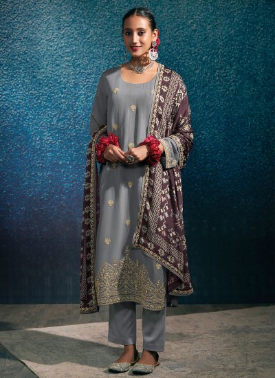 Magnificent Grey Embroidered Trendy Salwar Kameez
