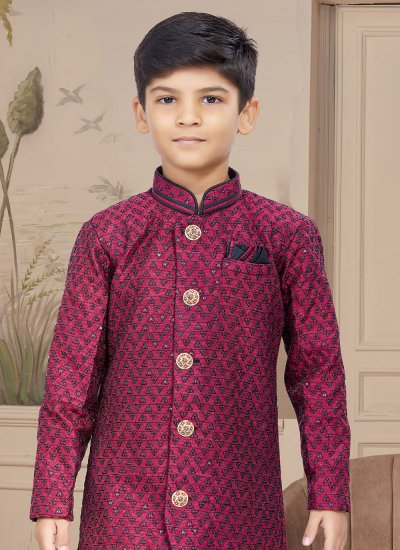 Magnificent Wine Embroidered Work Jacquard Indo Western