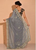 Majestic Embroidered Grey Georgette Traditional Saree