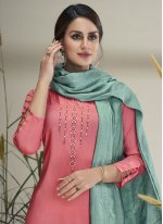 Majestic Faux Chiffon Pink Embroidered Pant Style Suit