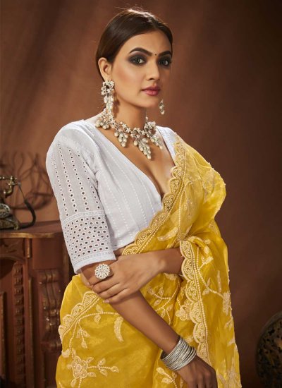 Majestic Organza Yellow Embroidered Trendy Saree