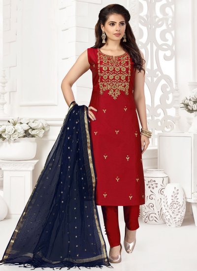 Majestic Red Chanderi Pant Style Suit