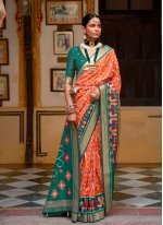 Majestic Weaving Green and Orange Contemporary Saree