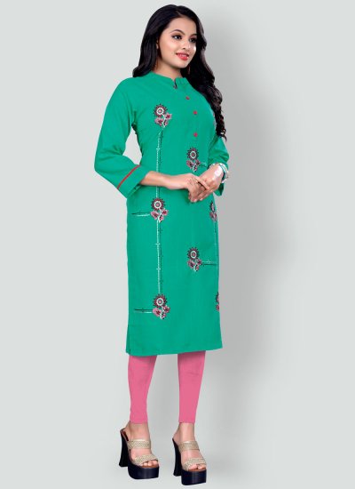 Majesty Blended Cotton Embroidered Green Party Wear Kurti
