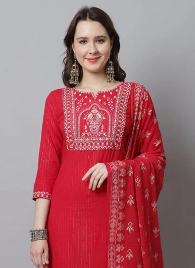 Majesty Cotton Embroidered Red Pant Style Suit