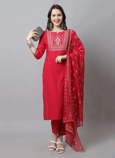 Majesty Cotton Embroidered Red Pant Style Suit