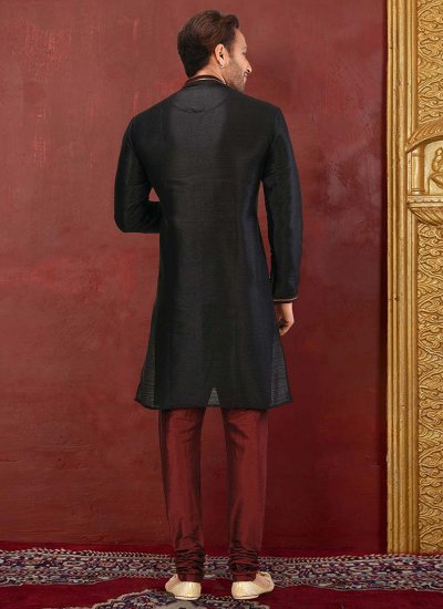 Malbari Silk  Zardosi Work Kurta Pyjama in Black