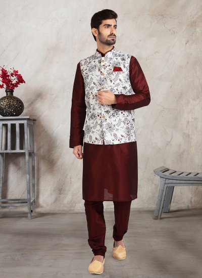 Maroon and Off White Printed Mehndi Kurta Payjama With Jacket