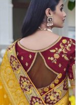 Maroon and Yellow Silk Resham Designer Traditional Saree