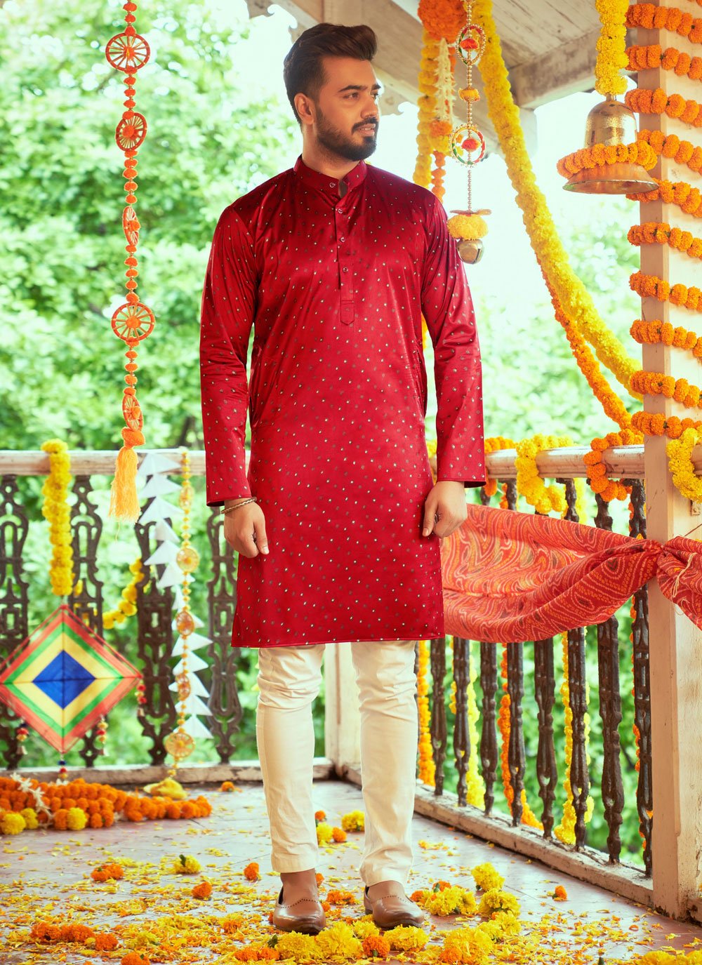 Maroon Art Silk Engagement Kurta Pyjama