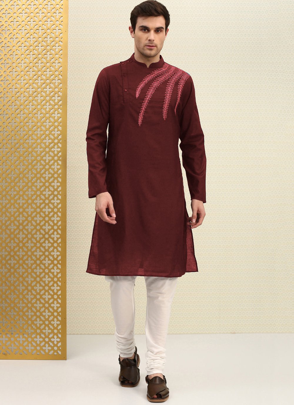 Maroon Blended Cotton Engagement Kurta Pyjama