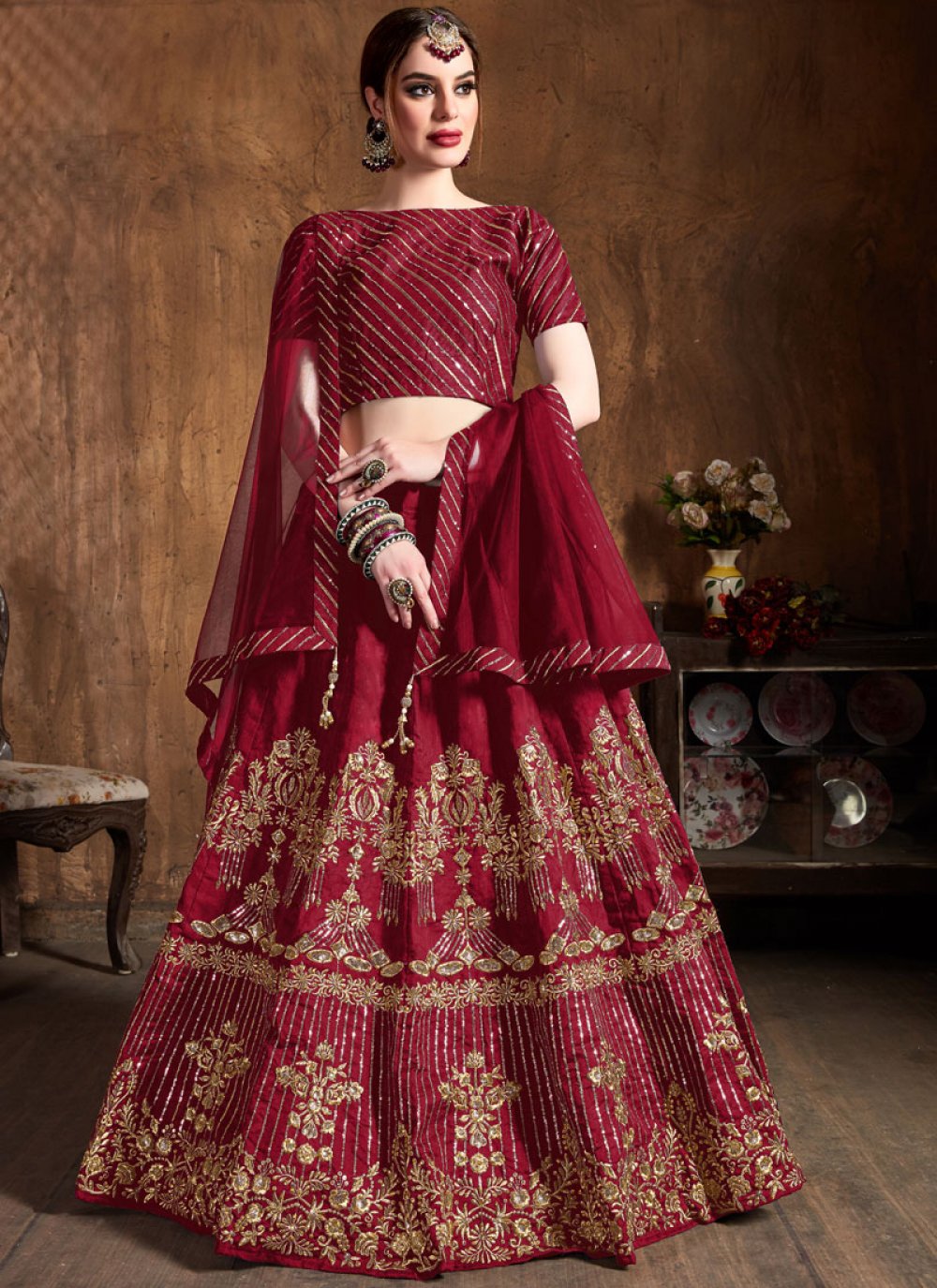 Pakistani Bridal Wear - Maroon Lehenga Blouse – Red Dupatta