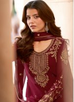 Maroon Embroidered Faux Georgette Pant Style Suit