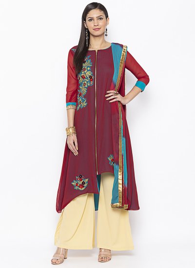 Maroon Embroidered Festival Readymade Suit