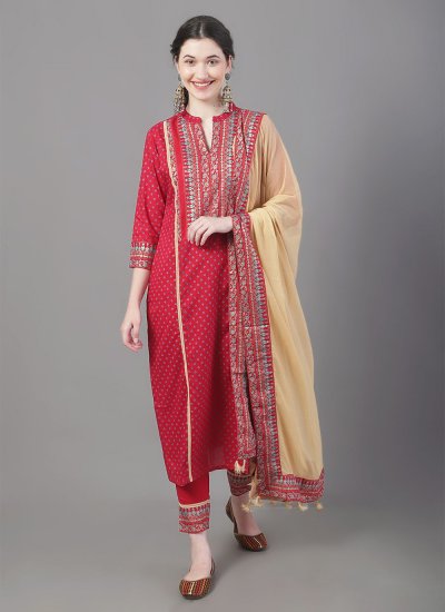 Maroon Embroidered Rayon Pant Style Suit