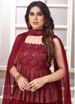 Maroon Faux Georgette Embroidered Readymade Salwar Suit