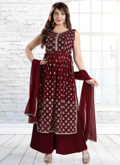 Maroon Faux Georgette Party Palazzo Salwar Suit