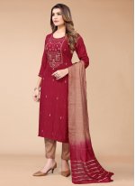 Maroon Rayon Embroidered Readymade Salwar Suit