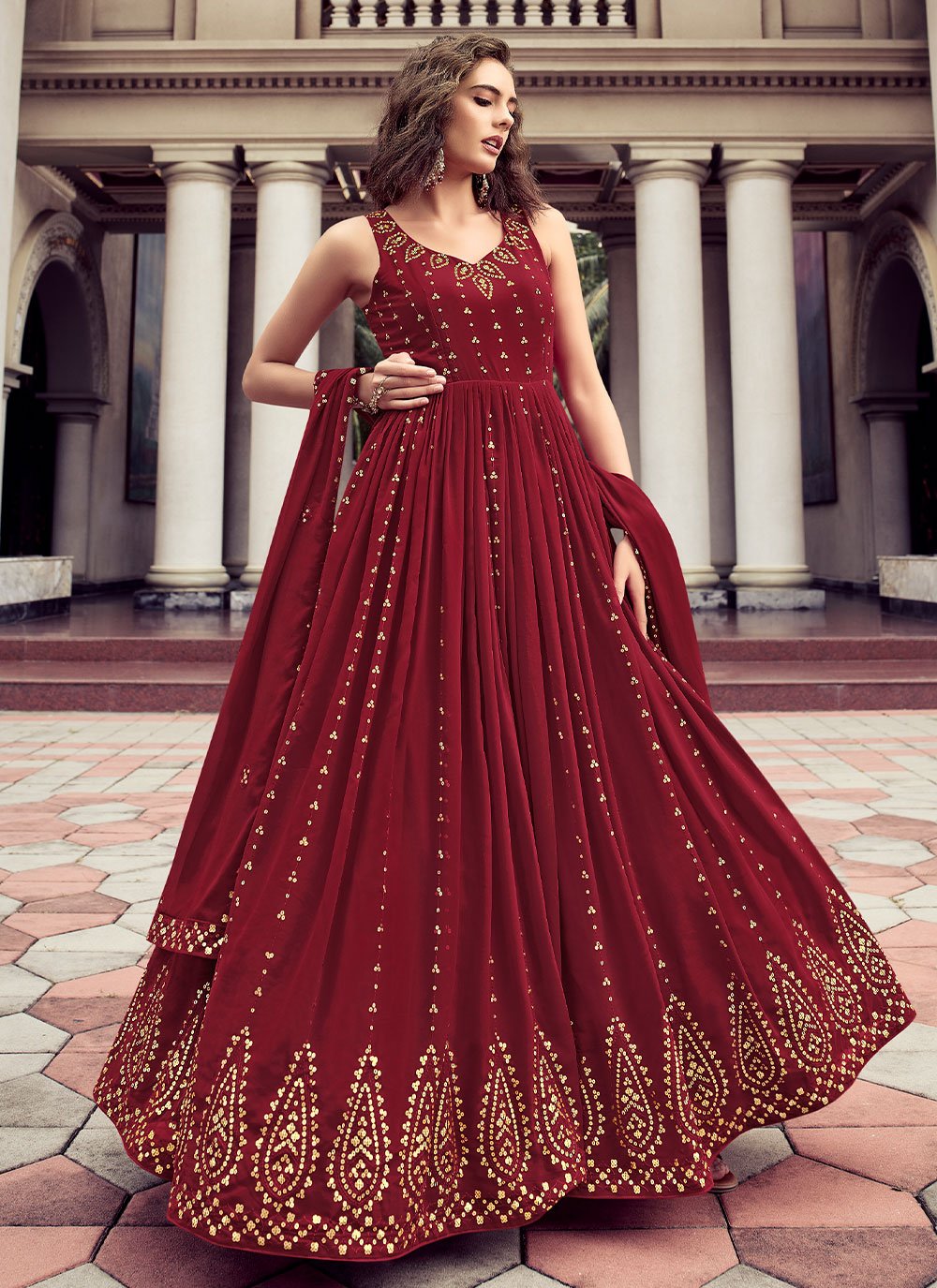 Maroon Thread Ceremonial Designer Gown