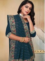 Marvelous Embroidered Teal Weight Less Contemporary Style Saree