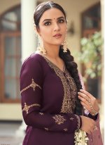 Marvelous Georgette Satin Purple Embroidered Pant Style Suit