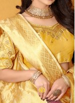 Marvelous Pink and Yellow Embroidered Banarasi Silk Lehenga Choli