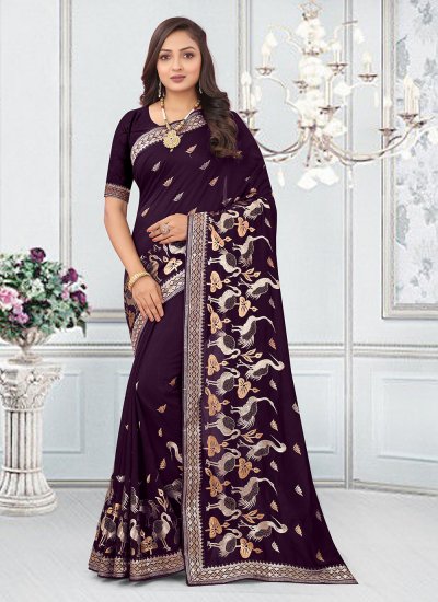 Marvelous Vichitra Silk Purple Embroidered Designer Saree