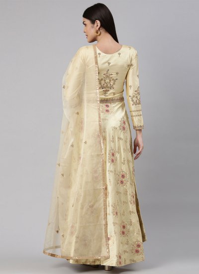 Masterly Cream Embroidered Banarasi Jacquard Readymade Gown