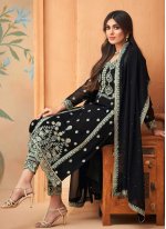 Masterly Faux Georgette Black Embroidered Pant Style Suit