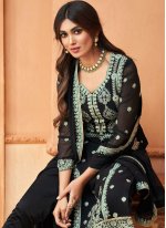 Masterly Faux Georgette Black Embroidered Pant Style Suit
