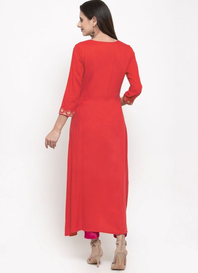Masterly Red Embroidered Rayon Casual Kurti