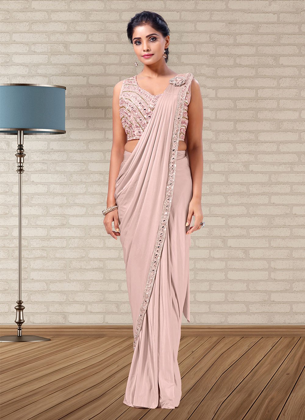 Mauve Embroidered Wedding Designer Ready Pleated Saree -