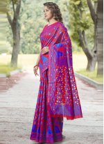 Mesmeric Blue and Red Fancy Cotton Silk Traditional Saree