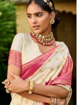 Mesmeric Cream and Pink Resham Designer Traditional Saree