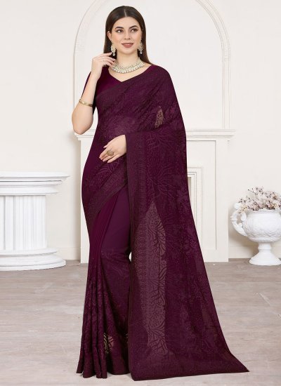 Mesmeric Georgette Embroidered Wine Classic Saree